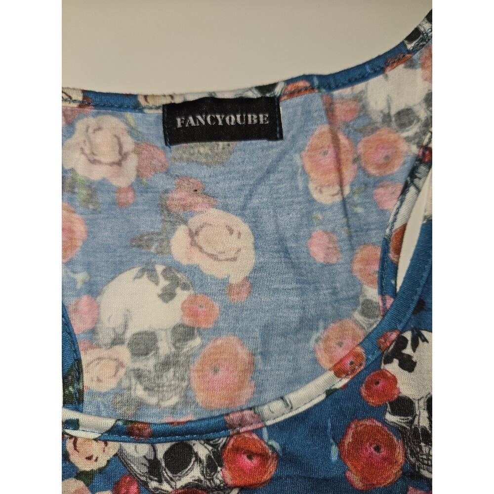 FANCYQUBE Women’s M/L Blue Floral Skull Racerback Tank Top Lace Hem - Picture 4 of 9